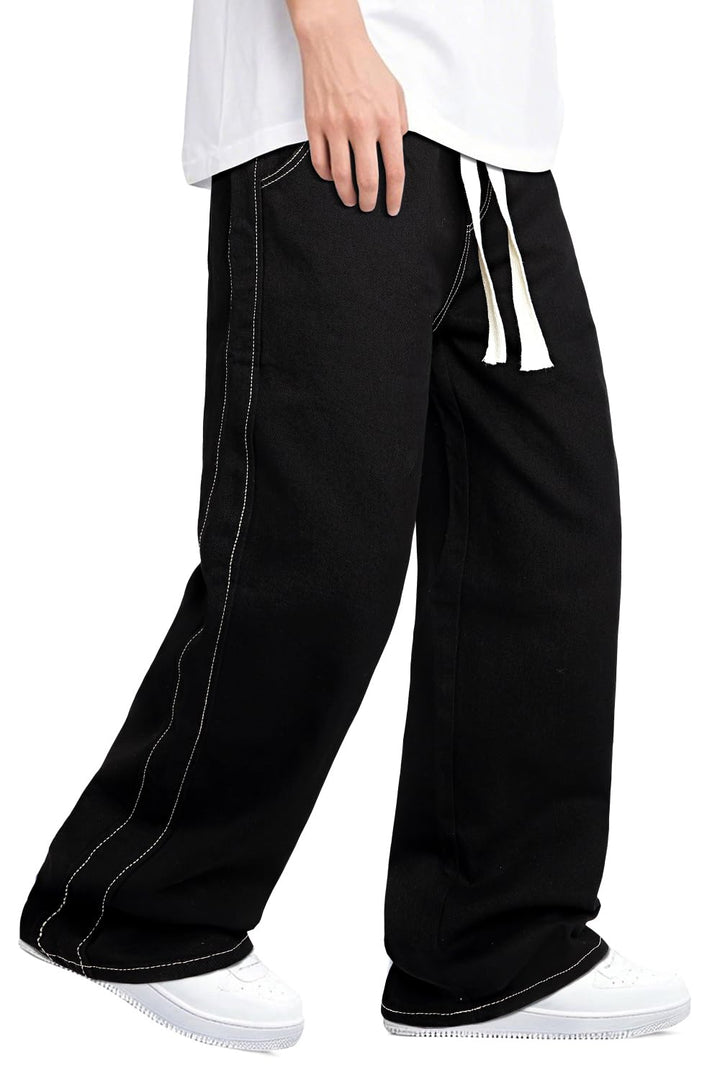 Mens Baggy Jeans Elastic Waisted Denim Pants for Men with Drawstring Streetwear