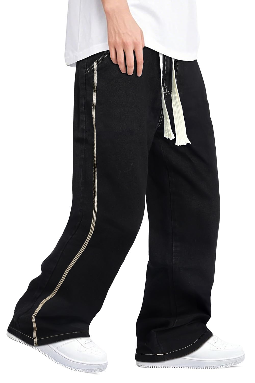 Mens Baggy Jeans Elastic Waisted Denim Pants for Men with Drawstring Streetwear
