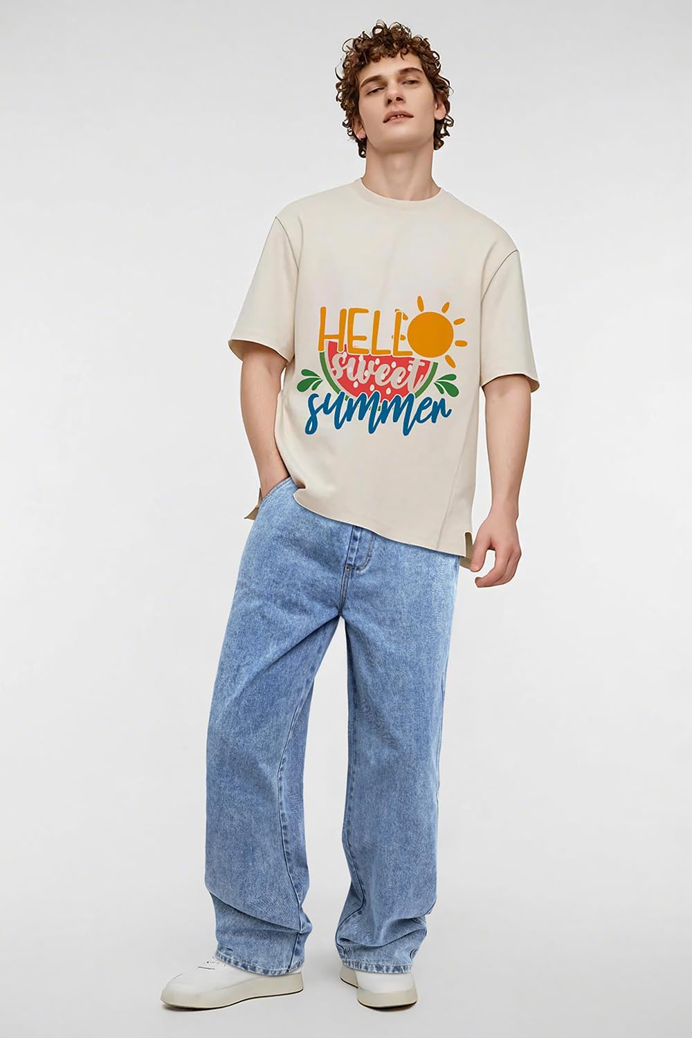 Mens Baggy Jeans Elastic Waisted Denim Pants for Men with Drawstring Streetwear