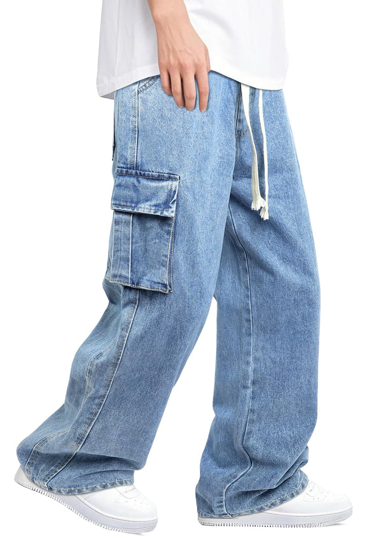 Mens Baggy Jeans Elastic Waisted Denim Pants for Men with Drawstring Streetwear