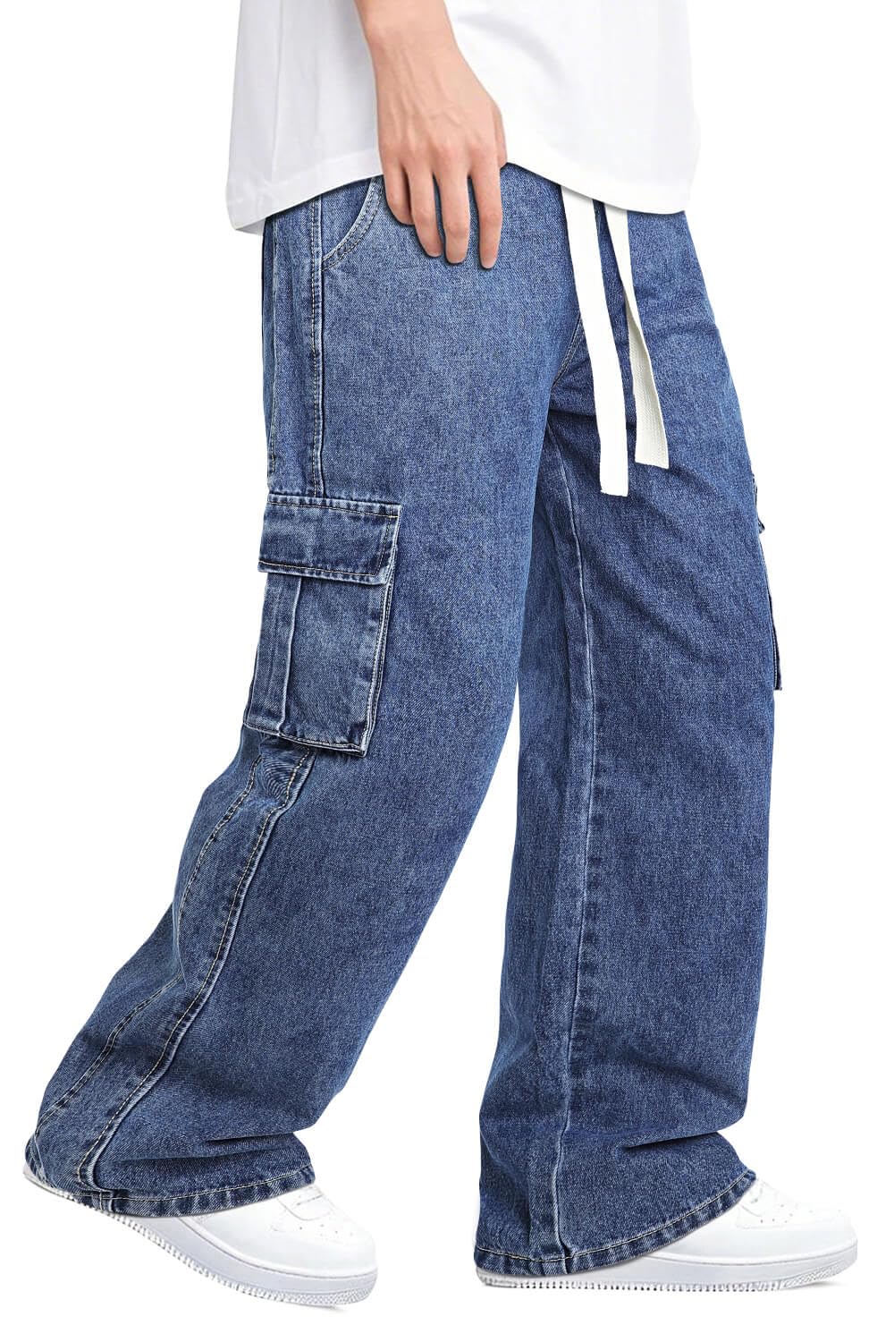 Mens Baggy Jeans Elastic Waisted Denim Pants for Men with Drawstring Streetwear