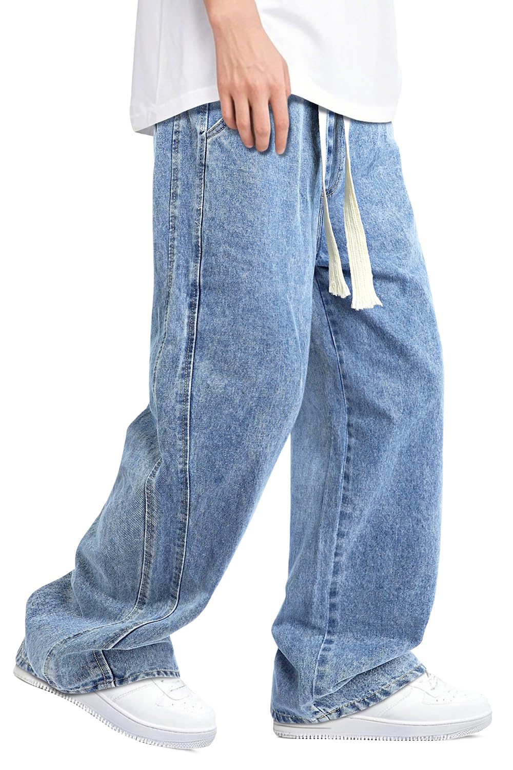 Mens Baggy Jeans Elastic Waisted Denim Pants for Men with Drawstring Streetwear