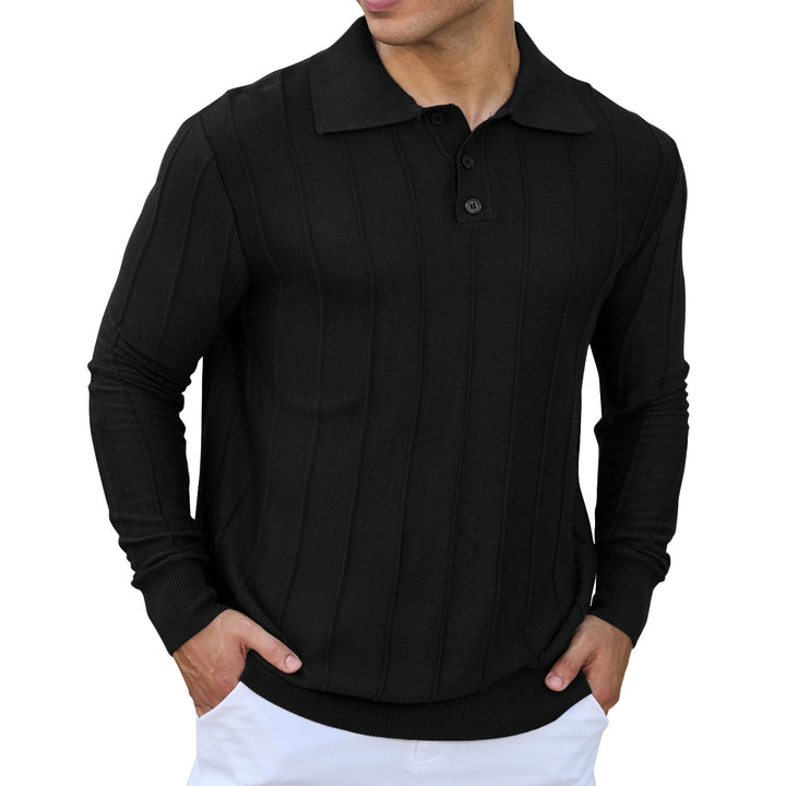 Mens Knit Polo Shirts Long Sleeve Casual Classic Polo Shirt Collared Ribbed Textured Pullover Sweater