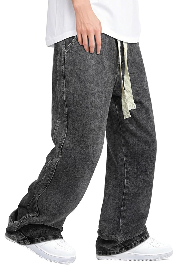 Mens Baggy Jeans Elastic Waisted Denim Pants for Men with Drawstring Streetwear