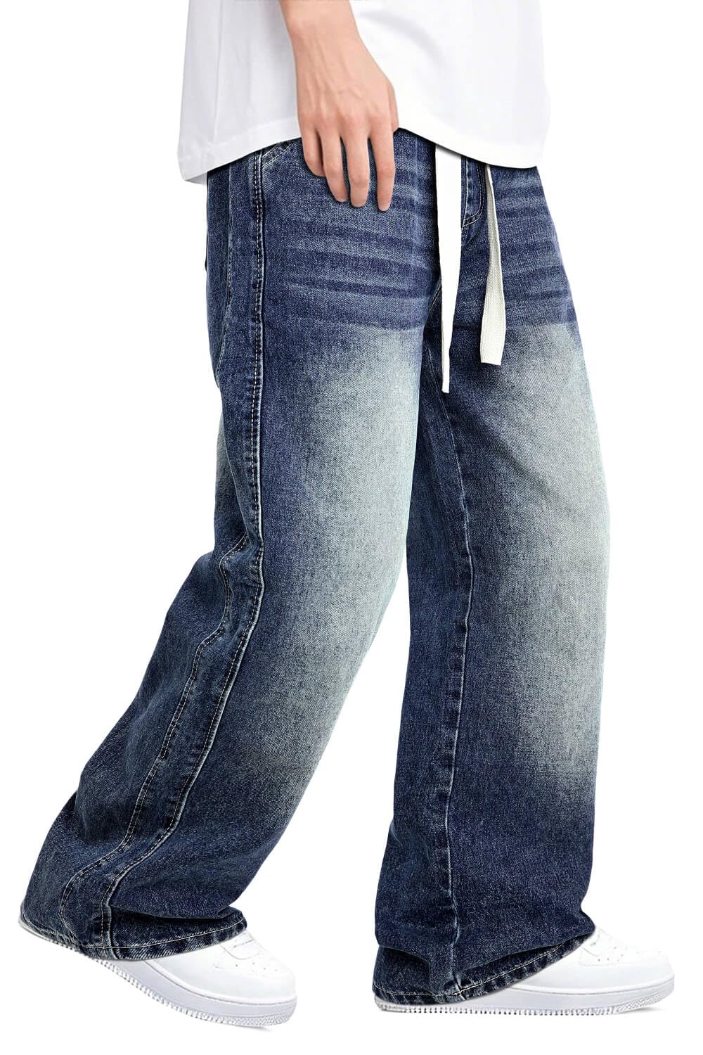 Mens Baggy Jeans Elastic Waisted Denim Pants for Men with Drawstring Streetwear