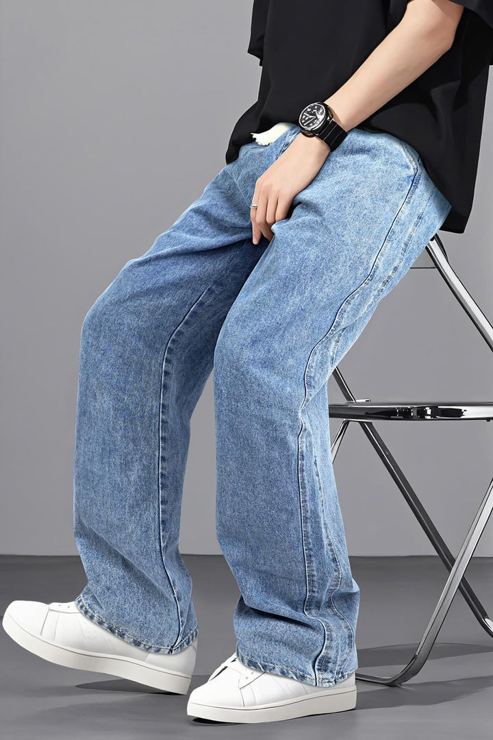 Mens Baggy Jeans Elastic Waisted Denim Pants for Men with Drawstring Streetwear