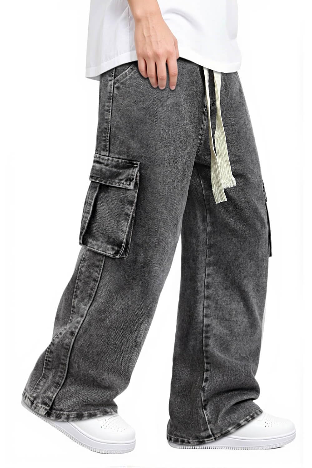 Mens Baggy Jeans Elastic Waisted Denim Pants for Men with Drawstring Streetwear