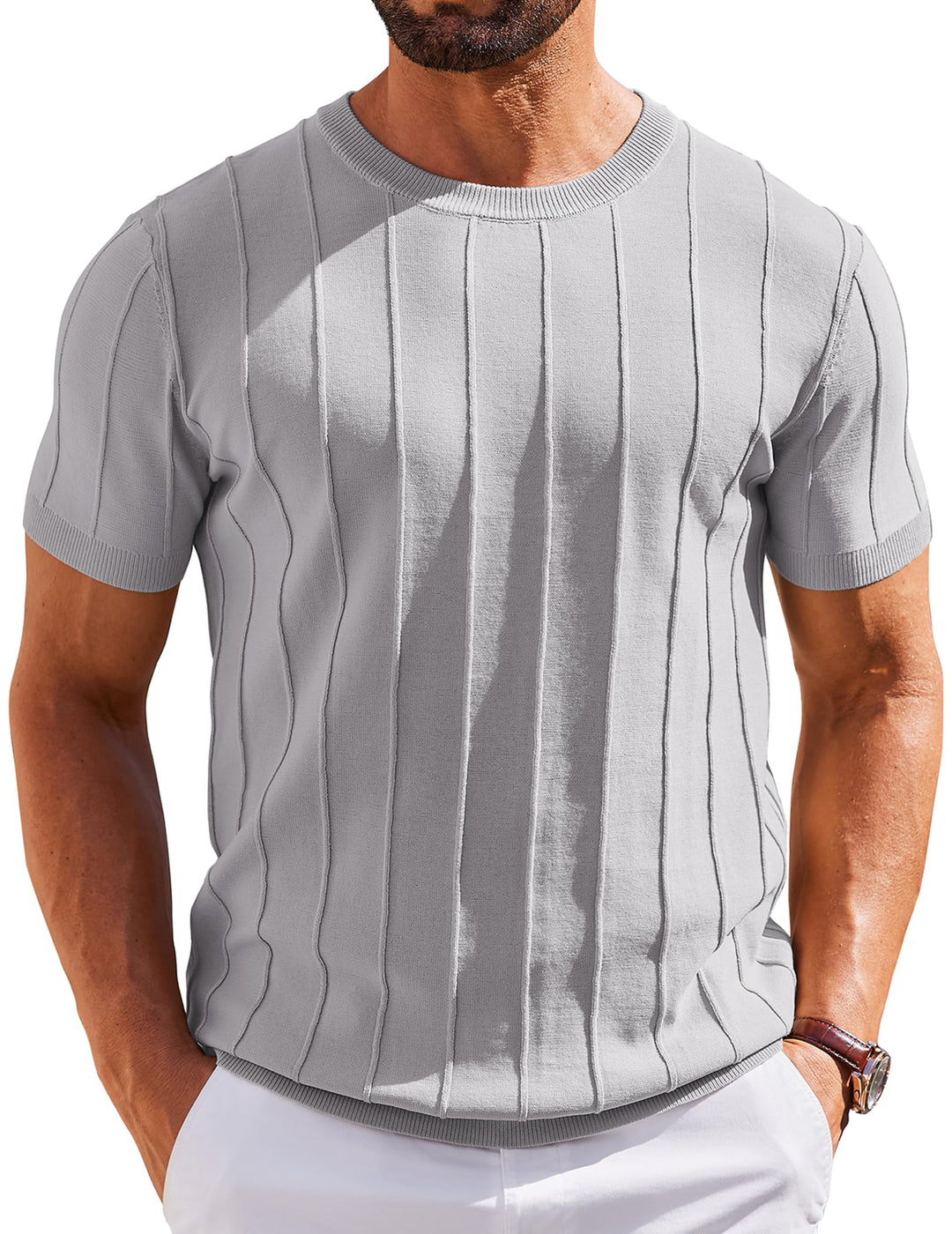 COOFANDY Men's T- Shirts Short Sleeve Knit Sweater Shirt Casual Crewneck Ribbed Pullover Tees