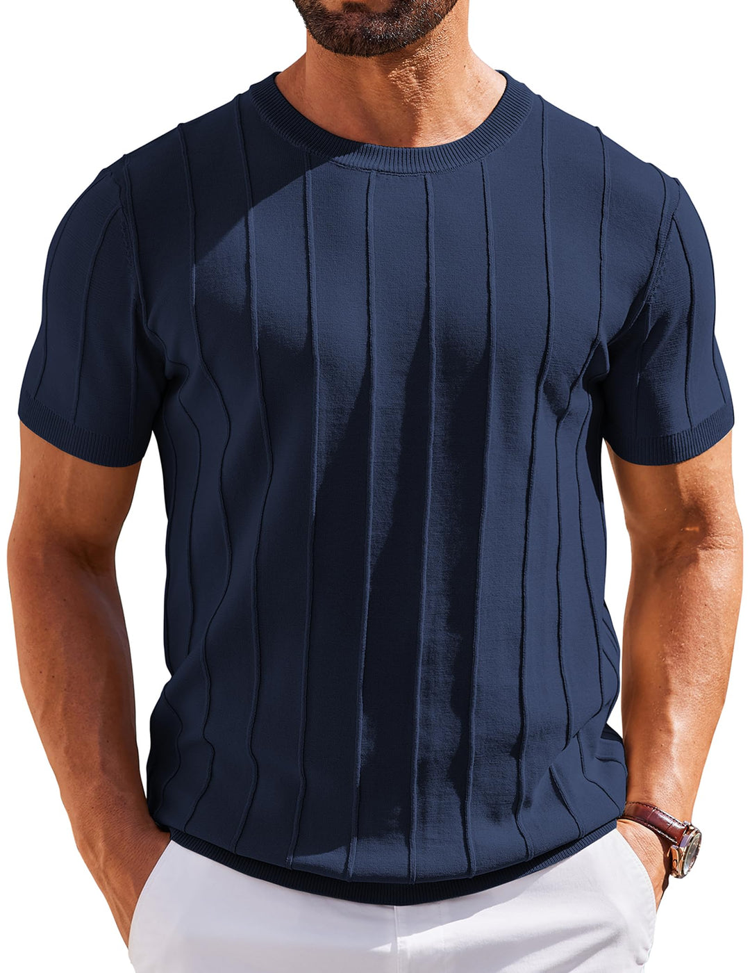 COOFANDY Men's T- Shirts Short Sleeve Knit Sweater Shirt Casual Crewneck Ribbed Pullover Tees