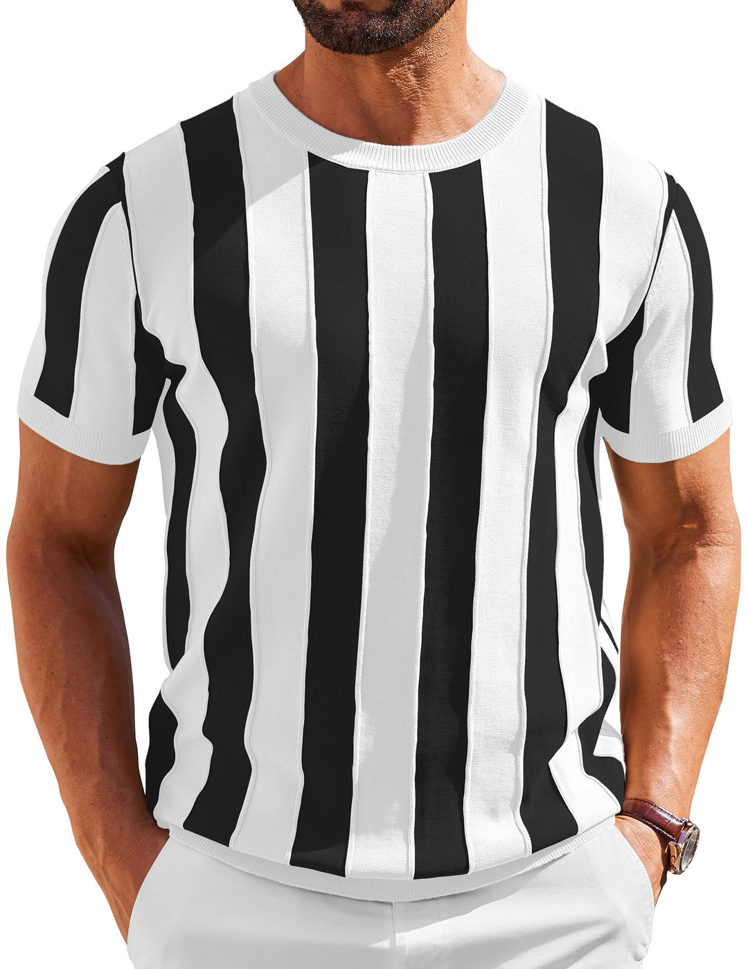 COOFANDY Men's T- Shirts Short Sleeve Knit Sweater Shirt Casual Crewneck Ribbed Pullover Tees