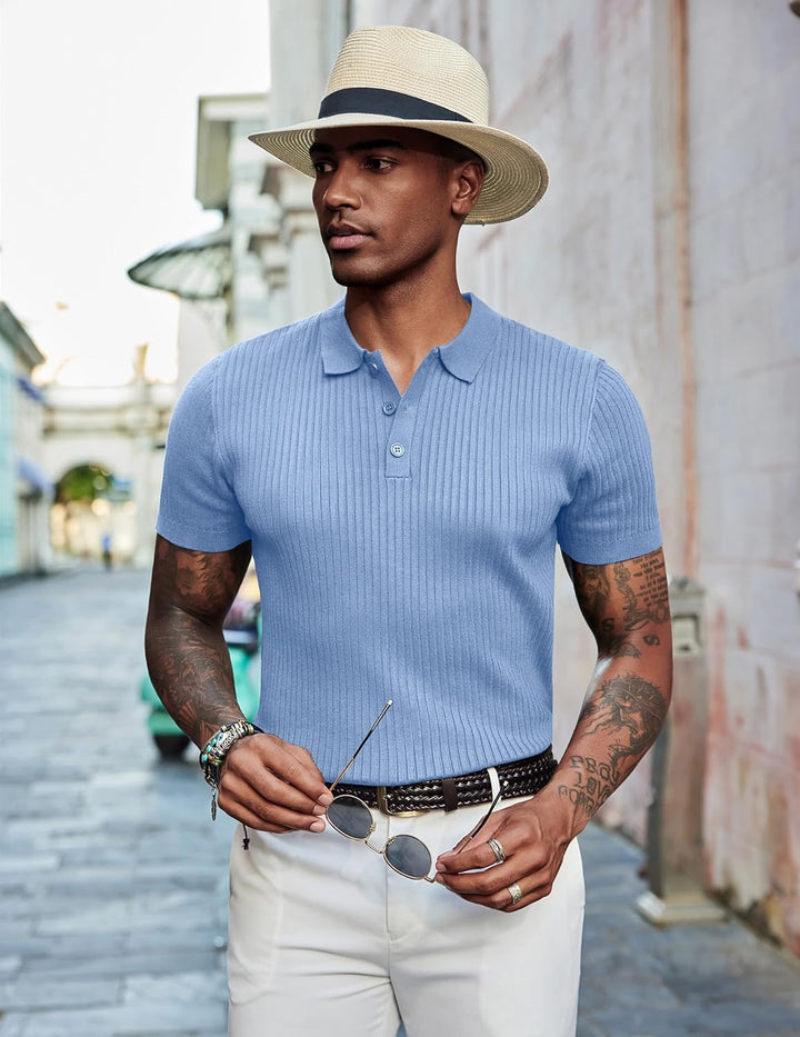 COOFANDY Mens Knit Polo Shirts Short Sleeve Button Down Shirt Textured Casual Summer Beach Shirts